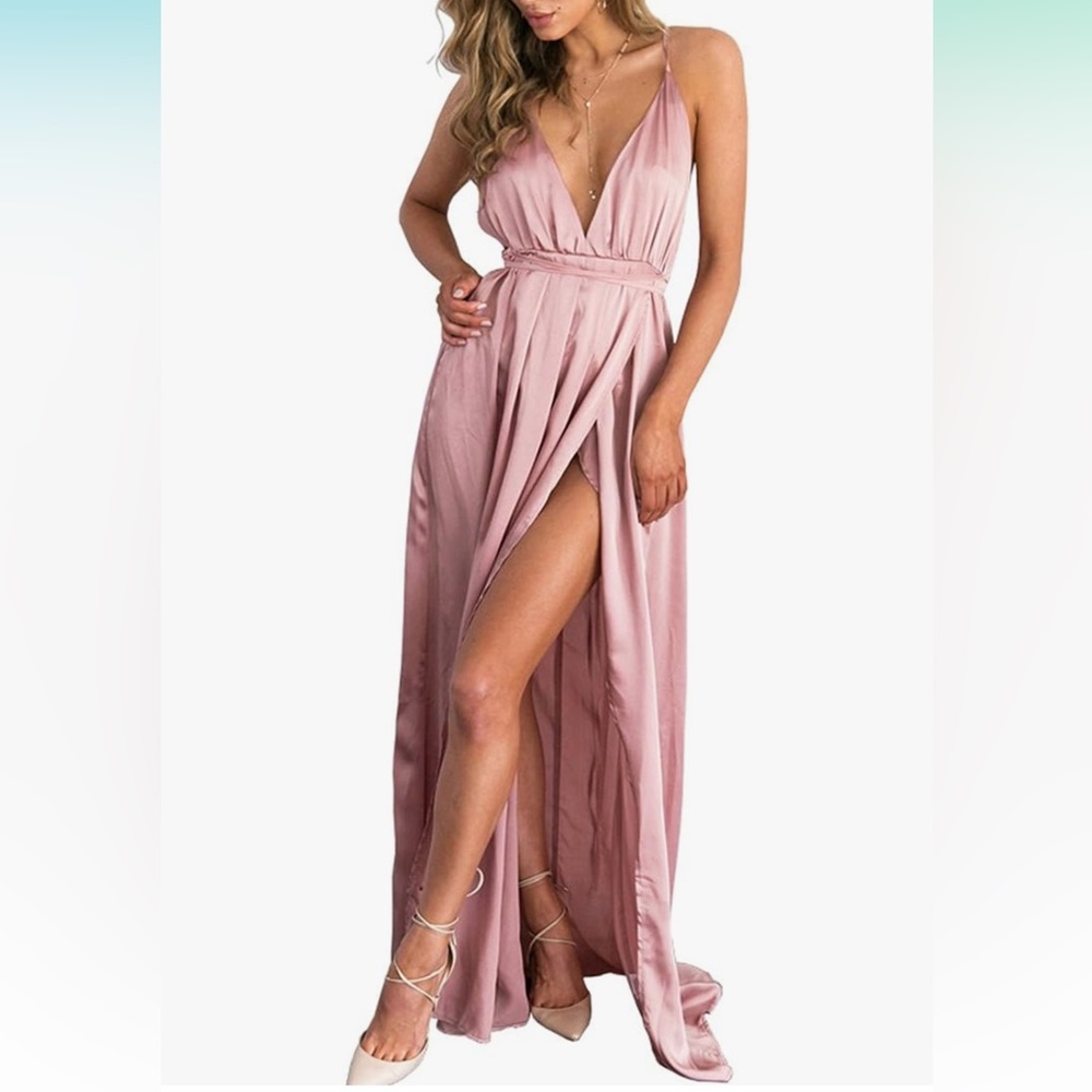 Satiny Halter Maxi Dress with high split